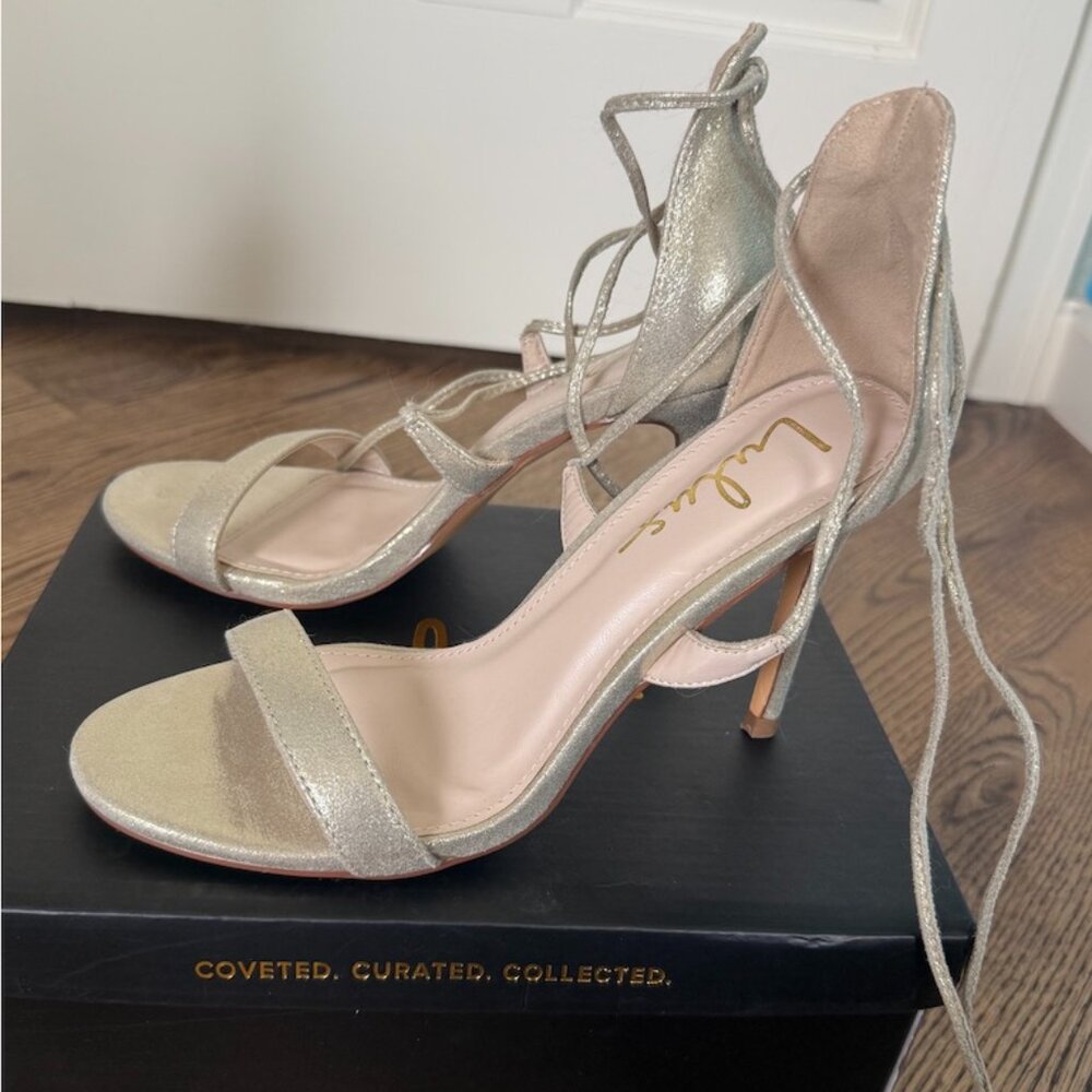 Aimee Champagne Metallic Lace-Up Heels (7.5) - New